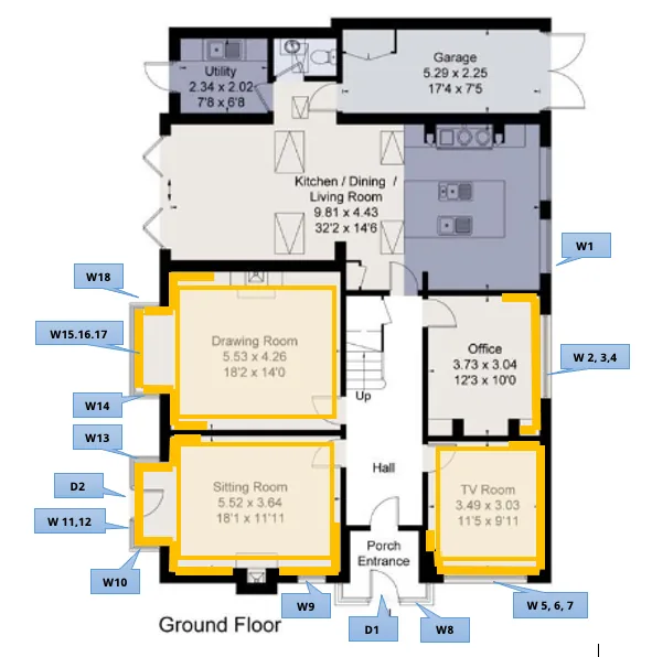 Ground-floor plan with the walls receiving internal insulation highlighted
