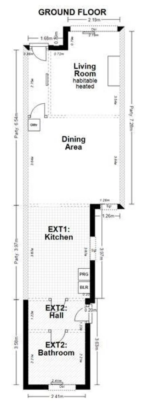 Ground floor plan of the terrace: living room, dining area, kitchen and rear bathroom