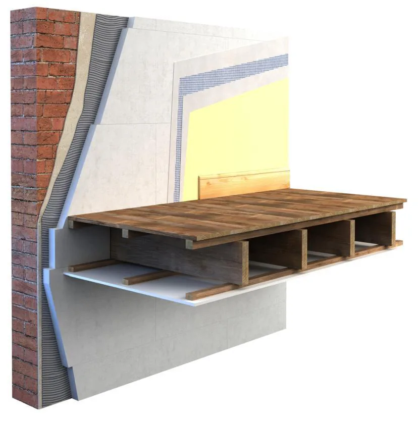 Cutaway detail showing internal wall insulation carried continuously through the intermediate floor void