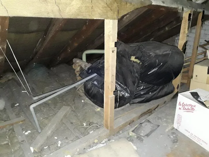 Loft of the Howard Street terrace before works, with thin loose insulation between joists