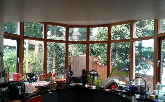 Inside the kitchen bow window with its semi-circular run of glazing