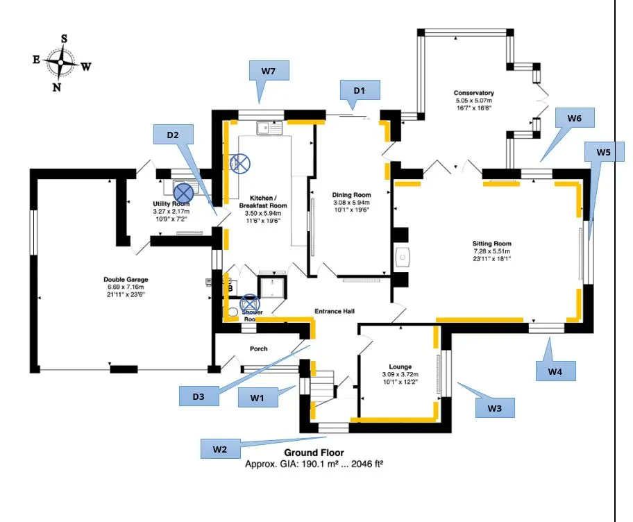 Ground-floor plan of Orchard House with every external wall zoned for internal insulation